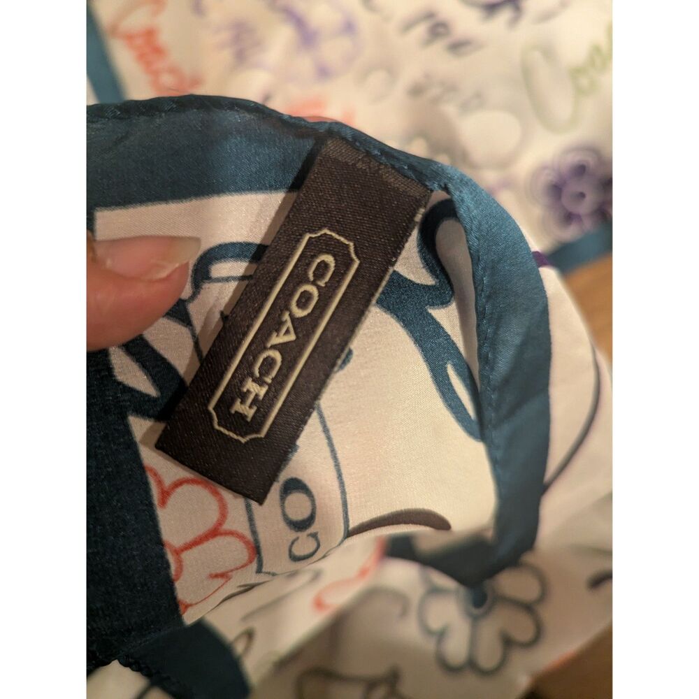 Coach Women's 100% Silk Scarf Floral Script Logo Signature Teal Long Oblong 55" - Picture 2 of 9